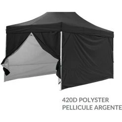 GREADEN Pack 4 CÔTÉS ( SANS STRUCTURE ) - NOIR - 3 MURS PLEINS AVEC UNE PORTE 420D POLYESTER PELLICULÉ ARGENTÉ 3X4,5M GAMME 32MM
