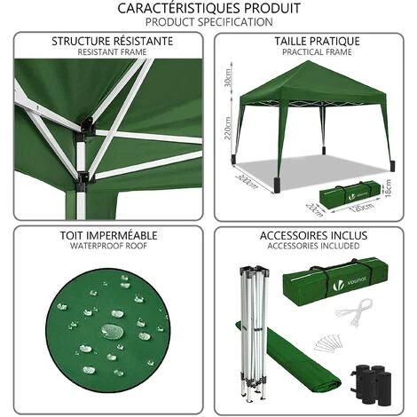 VOUNOT Tonnelle De Jardin 3x3m Pliable Verte Avec Sac De Transport 5 VOUNOT Tonnelle De Jardin 3x3m Pliable Verte Avec Sac De Transport - Image 3