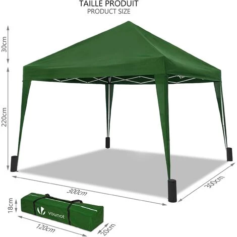 VOUNOT Tonnelle De Jardin 3x3m Pliable Verte Avec Sac De Transport 7 VOUNOT Tonnelle De Jardin 3x3m Pliable Verte Avec Sac De Transport - Image 5