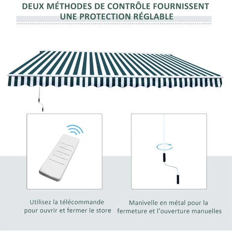 Outsunny Store Banne électrique Et Manuel Rétractable Dim. 3,95L X 3l (avancée) M Télécommande Fournie Alu. Polyester Haute Densité Imperméabilisé Anti-UV Vert Blanc Rayé 6 Outsunny Store Banne électrique Et Manuel Rétractable Dim. 3,95L X 3l (avancée) M Télécommande Fournie Alu. Polyester Haute Densité Imperméabilisé Anti-UV Vert Blanc Rayé - Image 4