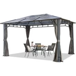 INTENT24.FR Pavillon De Jardin 3x4 M Imperméable Toit En Polycarbonate ALU DELUXE Tonnelle 8mm Pavillon 4 Côtés Partie Tente Gris Env. 9x9 Cm Profil - Gris