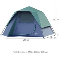 Outsunny Tente Pop Up Montage Instantané - Tente De Camping Familiale 3 Pers. - Grande Porte + 3 Fenêtres - Dim. 2,5L X 1,94l X 1,6H M Fibre Verre Polyester Oxford Bleu Vert - Vert -Tente de réception Soldes 17615694 3