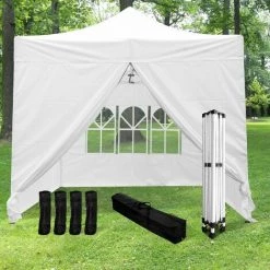 SKY LANTERN Tonnelle De Jardin Pliable 3x3 M 520D (320g/m2) + 4 Paroies Blanches + Kit De Lestage - Tonnelle Barnum Pliant Et Avec 4 Murs En Toile - Tente Pagode Pliable Imperméable Pour Reception Extérieure - Blanc