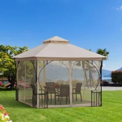Outsunny Pavillon De Jardin Tonnelle Barnum Style Colonial Double Toit Toiles Moustiquaires Amovibles Zippées Dim. 2,95L X 2,95l X 2,75H M Beige Noir - Beige -Tente de réception Soldes 18253119 2