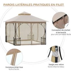 Outsunny Pavillon De Jardin Tonnelle Barnum Style Colonial Double Toit Toiles Moustiquaires Amovibles Zippées Dim. 2,95L X 2,95l X 2,75H M Beige Noir - Beige -Tente de réception Soldes 18253119 4
