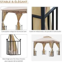 Outsunny Pavillon De Jardin Tonnelle Barnum Style Colonial Double Toit Toiles Moustiquaires Amovibles Zippées Dim. 2,95L X 2,95l X 2,75H M Beige Noir - Beige -Tente de réception Soldes 18253119 5