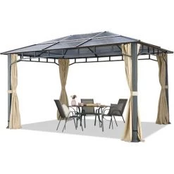 INTENT24.FR Tonnelle De Jardin 3x4 M Structure Aluminium Toit Polycarbonate épaisseur Env. 8 Mm Pavillon De Jardin 4 Rideaux Couleur Champagne Inclus - Champagne