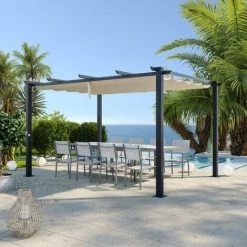 AVRIL PARIS Tonnelle/Pergola Aluminium 3x4m Toile Coulissante Rétractable - Gris / ECRU- OHIO XL - Gris