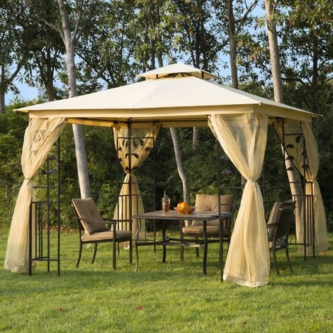 Outsunny Tonnelle Barnum Style Colonial Double Toit Toiles Moustiquaires Amovibles 3L X 3l X 2,65H M Beige Noir - Beige 4 Outsunny Tonnelle Barnum Style Colonial Double Toit Toiles Moustiquaires Amovibles 3L X 3l X 2,65H M Beige Noir - Beige - Image 2