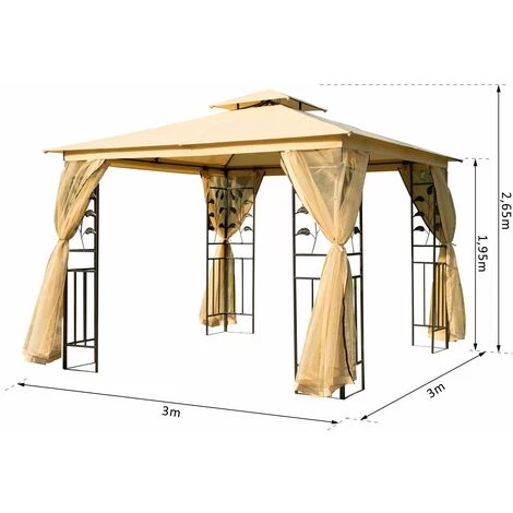 Outsunny Tonnelle Barnum Style Colonial Double Toit Toiles Moustiquaires Amovibles 3L X 3l X 2,65H M Beige Noir - Beige 5 Outsunny Tonnelle Barnum Style Colonial Double Toit Toiles Moustiquaires Amovibles 3L X 3l X 2,65H M Beige Noir - Beige - Image 3