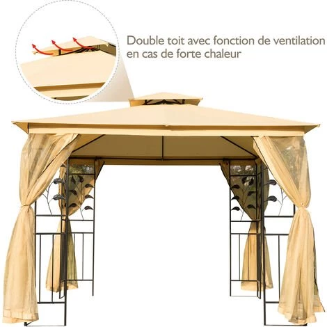 Outsunny Tonnelle Barnum Style Colonial Double Toit Toiles Moustiquaires Amovibles 3L X 3l X 2,65H M Beige Noir - Beige 6 Outsunny Tonnelle Barnum Style Colonial Double Toit Toiles Moustiquaires Amovibles 3L X 3l X 2,65H M Beige Noir - Beige - Image 4