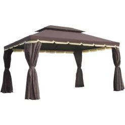 Outsunny Tonnelle Barnum Pavillon De Jardin Style Colonial Double Toit Toile Moustiquaires Et Toiles Amovibles 3,9L X 2,9l X 2,8H M Chocolat - Marron