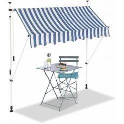 Bc-elec - HHYVA2012-Bluewhite Auvent Rétractable Manuel Store Banne Marquise Pour Patio & Terrasse 200x120cm Blanc Et Bleu - Blanc
