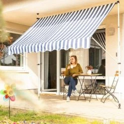 Bc-elec - HHYVA3012-Bluewhite Auvent Rétractable Manuel Store Banne Marquise Pour Patio & Terrasse 300x120cm Blanc Et Bleu - Blanc -Tente de réception Soldes 20084677 3