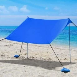 COSTWAY Tente De Plage Avec Sac De Transport Et 4 Sacs De Sable, Grand Abri Solaire En Lycra Pour La Plage, Le Camping Et La Pêche, UPF 50+, Bleu 210x210cm -Tente de réception Soldes 20106148 5