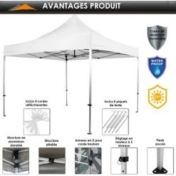 INSTENT® Tonnelle Pliante + 4 Panneaux, 3x3m Acier BASIC Couleur Blanc, Avec Sac De Transport à Roulettes -Tente de réception Soldes 24975324 5