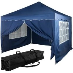 INSTENT® Tonnelle Pliante + 4 Panneaux, 3x3m Acier BASIC Couleur Bleu, Avec Sac De Transport à Roulettes