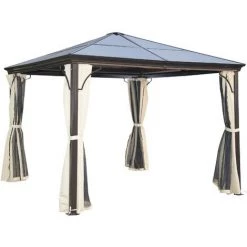 Outsunny Tonnelle Pavillon De Jardin Imperméable 4 Parois Latérales Anti-UV 4 Moustiquaires Panneaux Polycarbonate Alu 3L X 3l X 2,6H M Chocolat Beige - Marron