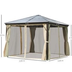 Outsunny Tonnelle Pavillon De Jardin Imperméable 4 Parois Latérales Anti-UV 4 Moustiquaires Panneaux Polycarbonate Alu 3L X 3l X 2,6H M Chocolat Beige - Marron -Tente de réception Soldes 25007513 3