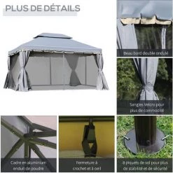 Outsunny Tonnelle Barnum Pavillon De Jardin Style Colonial Double Toit Toile Moustiquaires Et Toiles Amovibles 3,9L X 2,9l X 2,8H M Gris - Gris -Tente de réception Soldes 25008288 5