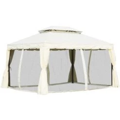 Outsunny Tonnelle Barnum Pavillon De Jardin Style Colonial Double Toit Toile Moustiquaires Et Toiles Amovibles 3,9L X 2,9l X 2,7H M écru - Ecru