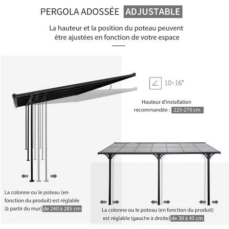 Outsunny Pergola Rigide Alu. Polycarbonate Dim. 4,35L X 3l X 2,7H M Pavillon De Jardin Adossable Gris - Gris 6 Outsunny Pergola Rigide Alu. Polycarbonate Dim. 4,35L X 3l X 2,7H M Pavillon De Jardin Adossable Gris - Gris – Image 4