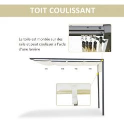 Outsunny Pergola Adossable Retractable Dim. 3L X 3l X 2,3H M Pavillon De Jardin Toile Polyester Haute Densité Crème Structure Métal époxy Gris -Tente de réception Soldes 31653892 5