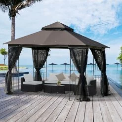 Outsunny Tonnelle Barnum Style Colonial Double Toit Toile Moustiquaires Amovibles 4 étagères D'angle Métal époxy Polyester Chocolat - Marron -Tente de réception Soldes 31653906 2