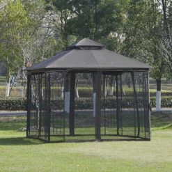 Outsunny Tonnelle Barnum Style Colonial Double Toit Toile Moustiquaires Amovibles 4 étagères D'angle Métal époxy Polyester Chocolat - Marron -Tente de réception Soldes 31653906 4