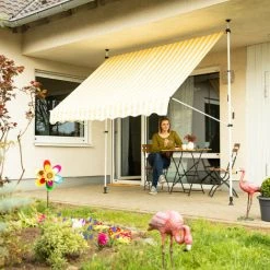 Relaxdays Auvent Rétractable 350 Cm Store Balcon Marquise Soleil Terrasse Hauteur Réglable Sans Perçage, Jaune-blanc -Tente de réception Soldes 31795571 3