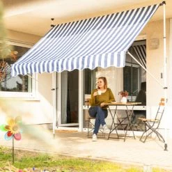 Relaxdays Auvent Rétractable 250 Cm Store Balcon Marquise Soleil Terrasse Hauteur Réglable Sans Perçage, Bleu-blanc -Tente de réception Soldes 31795591 2