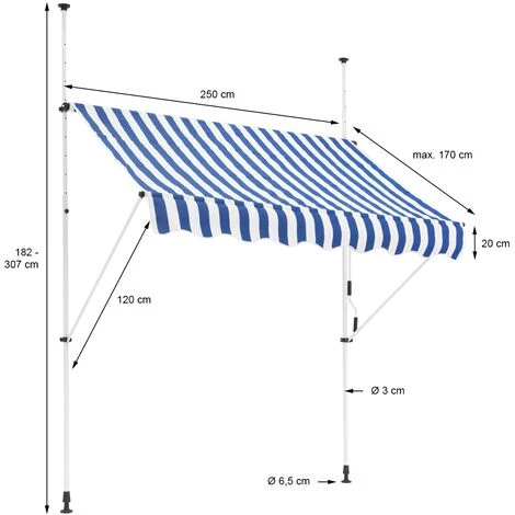 Store Banne Terrasse Auvent à Pince Rétractable 250x120 Cm Bleu Blanc ML-Design 7 Store Banne Terrasse Auvent à Pince Rétractable 250x120 Cm Bleu Blanc ML-Design - Image 5