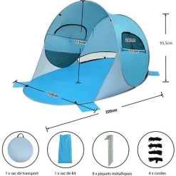 COSTWAY Tente De Plage Pliable Pop-up Automatique Instantanée 3-4 Personnes Anti UV 220x159x115cm Avec 8 Sardines 4 Cordes D’Ancrage -Tente de réception Soldes 32759282 5