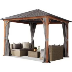 INTENT24.FR Tonnelle De Jardin 3x3 M Design En Optique Bois Toit En Acier 4 Parois Latérales, Gris - Gris