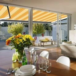 SUNNY INCH ® Store Banne Extérieur Coffre Intégral Motorisé Et Manuel Pour Terrasse - Jaune Rayé - Longueur 3 M Et Largeur 2.5 M - Jaune Rayé