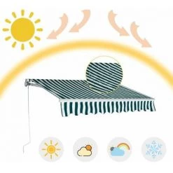 GOPLUS Store Banne Auvent3x2.5M Manuel Rétractable Imperméable Et Résistant Aux UV Avec Manivelle,pour Terrasse,Bistro,Vert Et Blanc -Tente de réception Soldes 34761718 4