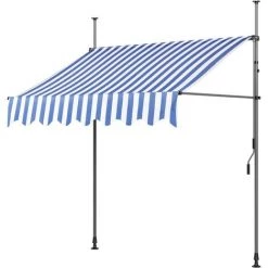 FIXKIT Auvent Balcon, Store Balcon Imperméable Avec Manivelle, Sans Perçage, Résistant Aux UV Réglable En Hauteur, En Métal Et Polyester, Bleu Et Blanc，300 X 120 Cm