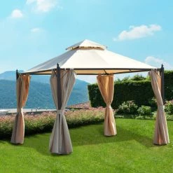 Outsunny Tonnelle Barnum Style Colonial 3 X 3 X 2,7 M Double Toit 4 Toiles Latérales Avec Zip Beige Et Noir - Beige -Tente de réception Soldes 3734738 5