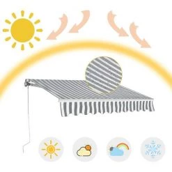 GOPLUS Store Banne Auvent Manuel Rétractable Avec Manivelle En Aluminium Et Polyester, Imperméable, Résistant Aux UV, Pour Terrasse, Bistro, Balcon, Imperméable,300X250CM (Gris-Blanc) -Tente de réception Soldes 40251910 3