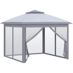 Outsunny Tonnelle Barnum De Jardin Pop-up Pliant - Dim. 3,30L X 3,30l X 2,88H M - Hauteur Réglable, Double Toit, Sac Transport - Métal époxy, Oxford, Moustiquaires - Gris - Gris