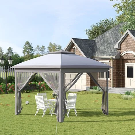 Outsunny Tonnelle Barnum De Jardin Pop-up Pliant - Dim. 3,30L X 3,30l X 2,88H M - Hauteur Réglable, Double Toit, Sac Transport - Métal époxy, Oxford, Moustiquaires - Gris - Gris 4 Outsunny Tonnelle Barnum De Jardin Pop-up Pliant - Dim. 3,30L X 3,30l X 2,88H M - Hauteur Réglable, Double Toit, Sac Transport - Métal époxy, Oxford, Moustiquaires - Gris - Gris - Image 2