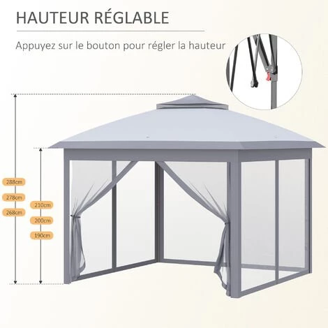 Outsunny Tonnelle Barnum De Jardin Pop-up Pliant - Dim. 3,30L X 3,30l X 2,88H M - Hauteur Réglable, Double Toit, Sac Transport - Métal époxy, Oxford, Moustiquaires - Gris - Gris 7 Outsunny Tonnelle Barnum De Jardin Pop-up Pliant - Dim. 3,30L X 3,30l X 2,88H M - Hauteur Réglable, Double Toit, Sac Transport - Métal époxy, Oxford, Moustiquaires - Gris - Gris - Image 5