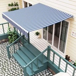 PEDY Auvent Rétractable, Auvent à Bras Repliable Avec Manivelle, Protection Solaire, Anti-UV Et Étanche, En Métal Et Polyester, Pour Cour, Balcon, Restaurant, Café (300 X 250 Cm, Bleu-Blanc) -Tente de réception Soldes 49637068 5