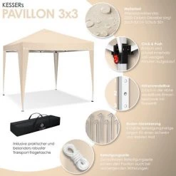 KESSER® Tonnelle 3 x 3 m | Étanche | Sac De Rangement Fourni | Système D’attache Pop-up | Protection UV 50+ | Pavillon Pliable | Tente De Jardin | Chapiteau | Entretoises Métalliques |, Beige (de) -Tente de réception Soldes 51038906 3