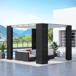 Outsunny Pergola Rétractable Style Colonial Dim. 2,98L X 2,98l X 2H M Métal époxy Anticorrosion Résine Tressée Noire Toile Polyester Haute Densité 180 G/m² Crème - Noir 8 Outsunny Pergola Rétractable Style Colonial Dim. 2,98L X 2,98l X 2H M Métal époxy Anticorrosion Résine Tressée Noire Toile Polyester Haute Densité 180 G/m² Crème - Noir -Tente de réception Soldes 52476673 2