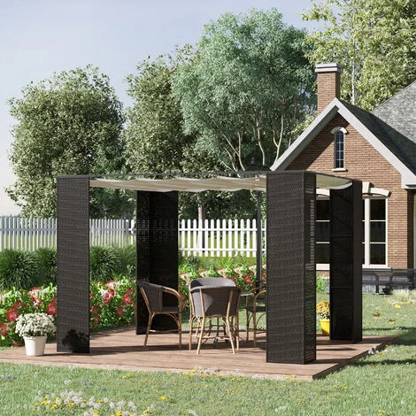 Outsunny Pergola Rétractable Style Colonial Dim. 2,98L X 2,98l X 2H M Métal époxy Anticorrosion Résine Tressée Noire Toile Polyester Haute Densité 180 G/m² Crème - Noir 6 Outsunny Pergola Rétractable Style Colonial Dim. 2,98L X 2,98l X 2H M Métal époxy Anticorrosion Résine Tressée Noire Toile Polyester Haute Densité 180 G/m² Crème - Noir - Image 4