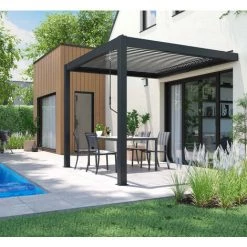 OVIALA Tonnelle Bioclimatique Adossée Aluminium 3 X 3 X 2.5 M - Gris -Tente de réception Soldes 52531802 4