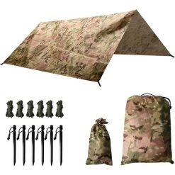 Kartokner Tarp Camouflage Anti-Pluie Camping Rain Tente Bâche Portable Ripstop Légèr Imperméable à L'eau Pour Randonnée, Pêche,Pique-Nique, Abri -avec Accessoires Et Sac De Transport