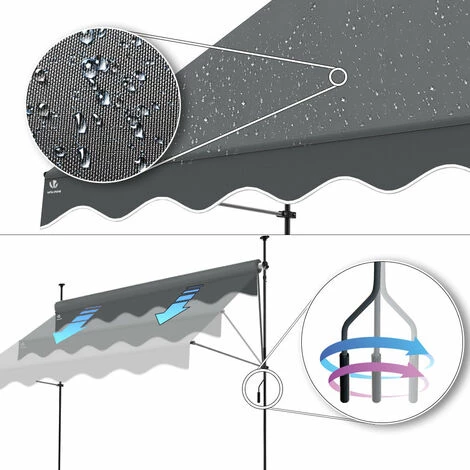 VOUNOT Auvent Retractable Manuel Sans Percage 300cm Gris 7 VOUNOT Auvent Retractable Manuel Sans Percage 300cm Gris - Image 5