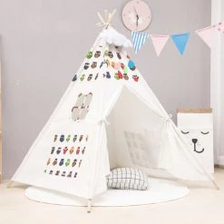 BLEOSAN Tipi Tente De Jeu Avec Guirlande Tente Intérieure Extérieure Blanc Toile Indian Teepee Portable 1.6m